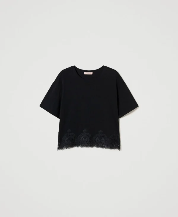 T-Shirts Et Tops*TWINSET Milano T-shirt Cropped Avec Dentelle Macramé Noir