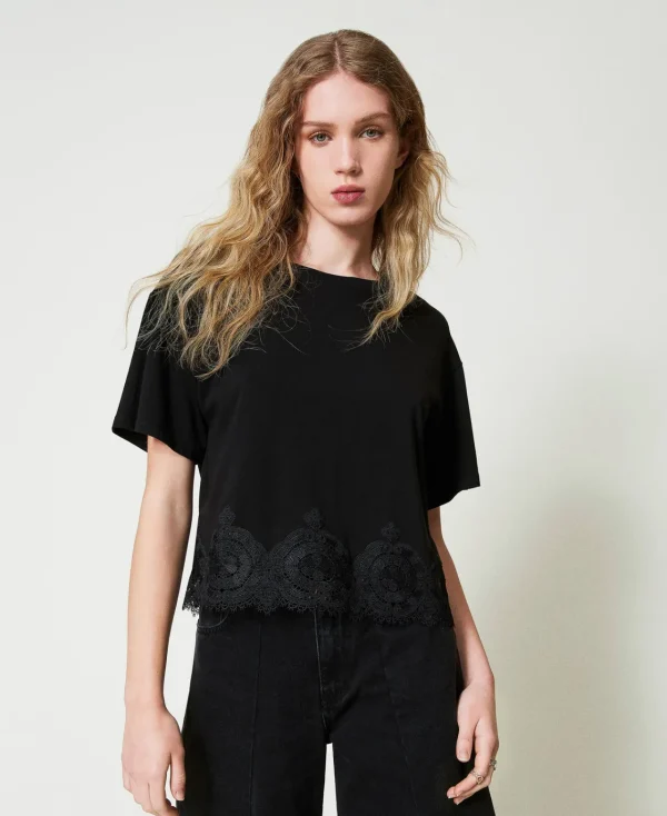 T-Shirts Et Tops*TWINSET Milano T-shirt Cropped Avec Dentelle Macramé Noir