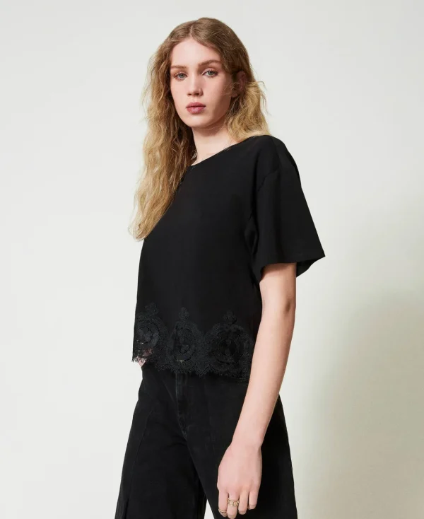 T-Shirts Et Tops*TWINSET Milano T-shirt Cropped Avec Dentelle Macramé Noir
