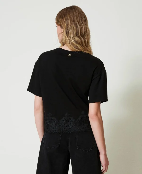 T-Shirts Et Tops*TWINSET Milano T-shirt Cropped Avec Dentelle Macramé Noir