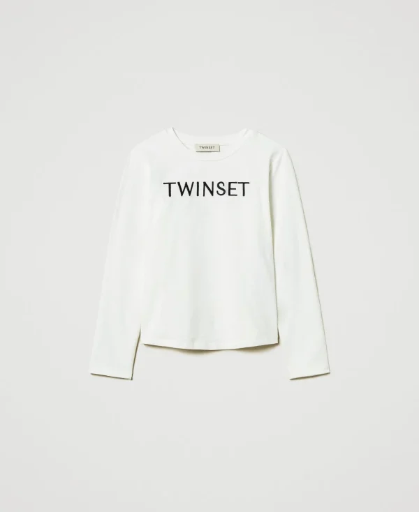 T-Shirts Et Tops*TWINSET Milano T-shirt Cropped Avec Logo Brodé Bicolore Blanc Cassé / Noir