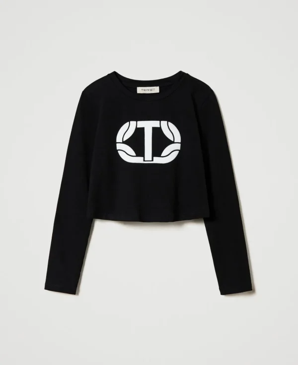 T-Shirts Et Tops*TWINSET Milano T-shirt Cropped Avec Logo Caoutchouté Noir