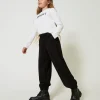 T-Shirts Et Tops*TWINSET Milano T-shirt Cropped Avec Logo Brodé Bicolore Blanc Cassé / Noir
