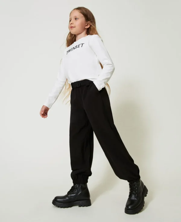 T-Shirts Et Tops*TWINSET Milano T-shirt Cropped Avec Logo Brodé Bicolore Blanc Cassé / Noir