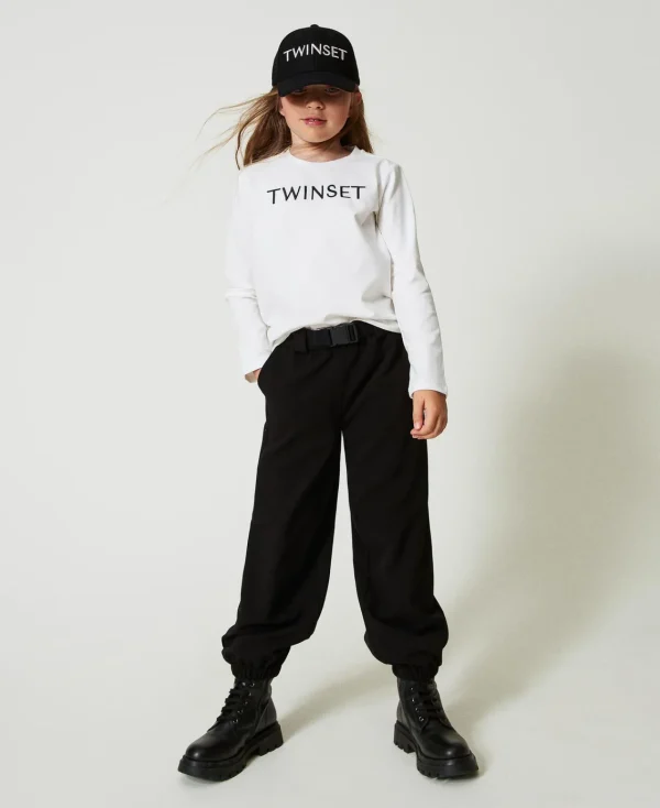 T-Shirts Et Tops*TWINSET Milano T-shirt Cropped Avec Logo Brodé Bicolore Blanc Cassé / Noir