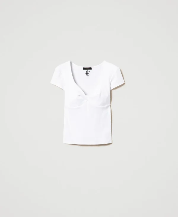tshirt_ctel_avec_nud_1.webp T-Shirts Et Tops*TWINSET Milano T-shirt Côtelé Avec Nœud Blanc "Papers"