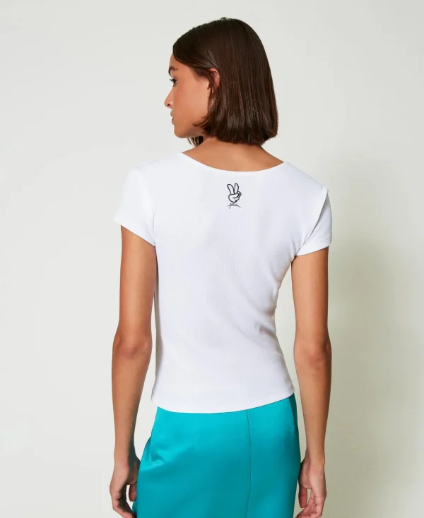 tshirt_ctel_avec_nud_4.webp T-Shirts Et Tops*TWINSET Milano T-shirt Côtelé Avec Nœud Blanc "Papers"