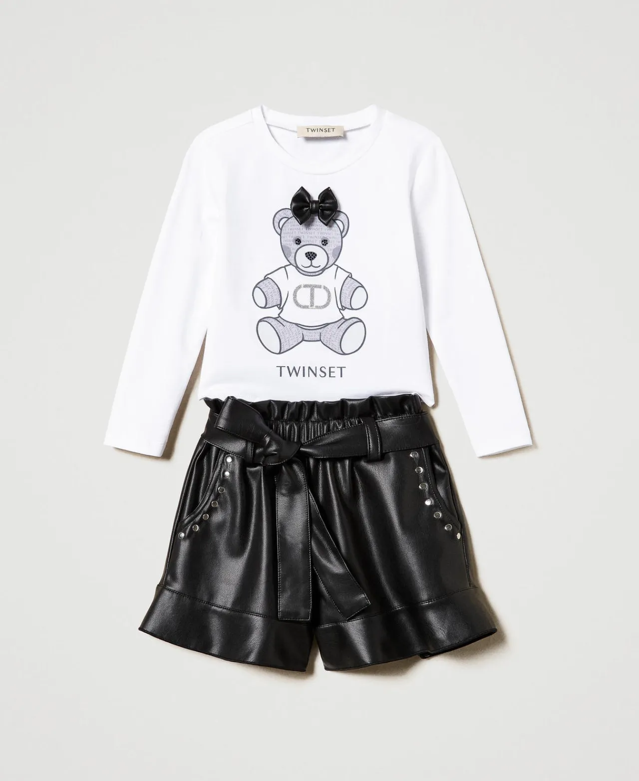 tshirt_imprim_et_short_vo_0.webp Pantalons Et Jeans | T-Shirts Et Tops*TWINSET Milano T-shirt Imprimé Et Short Volanté Bicolore Blanc Cassé / Noir